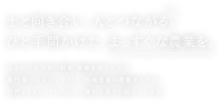 土と向き合い、人とつながる。ひと手間かけた、まっすぐな農業を。はさかけ米や旬の野菜・果物を育てながら、農作業のお手伝いも行う、地域密着の農業法人です。自然とともに、ていねいに、確かな実りを届けています。